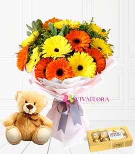 combo amore mio.:Bouquet de gerberas+ ferrero x8+Oso