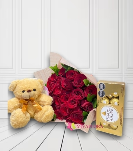 Bouquet de Rosas Rojas con Oso de Peluche y Ferrero Rocher