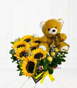 Corazón de Girasoles con Oso y Chocolates 🌻🧸🍫