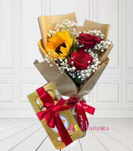 Ramillete Girasol y Rosas con Chocolates
