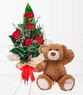 Bouquet de 5 Rosas Rojas + Oso de Peluche