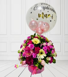 Arreglo Floral  con Globo Burbuja Personalizado